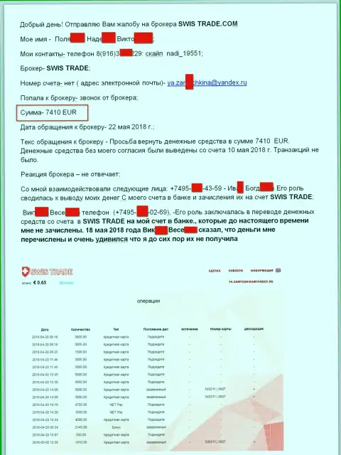 Мошенники из СвисТрейд Ру ограбили биржевого трейдера на больше чем 7410 EUR