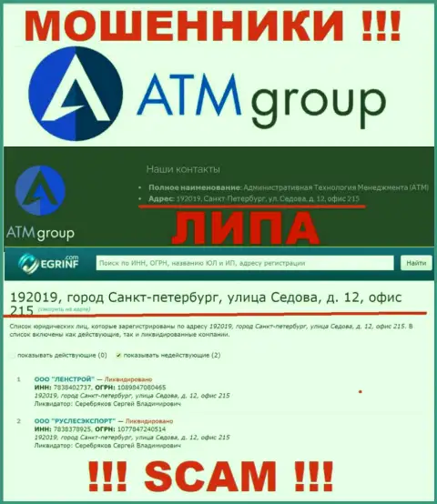 Во всемирной паутине и на сайте мошенников ATM Group нет реальной инфы об их адресе регистрации